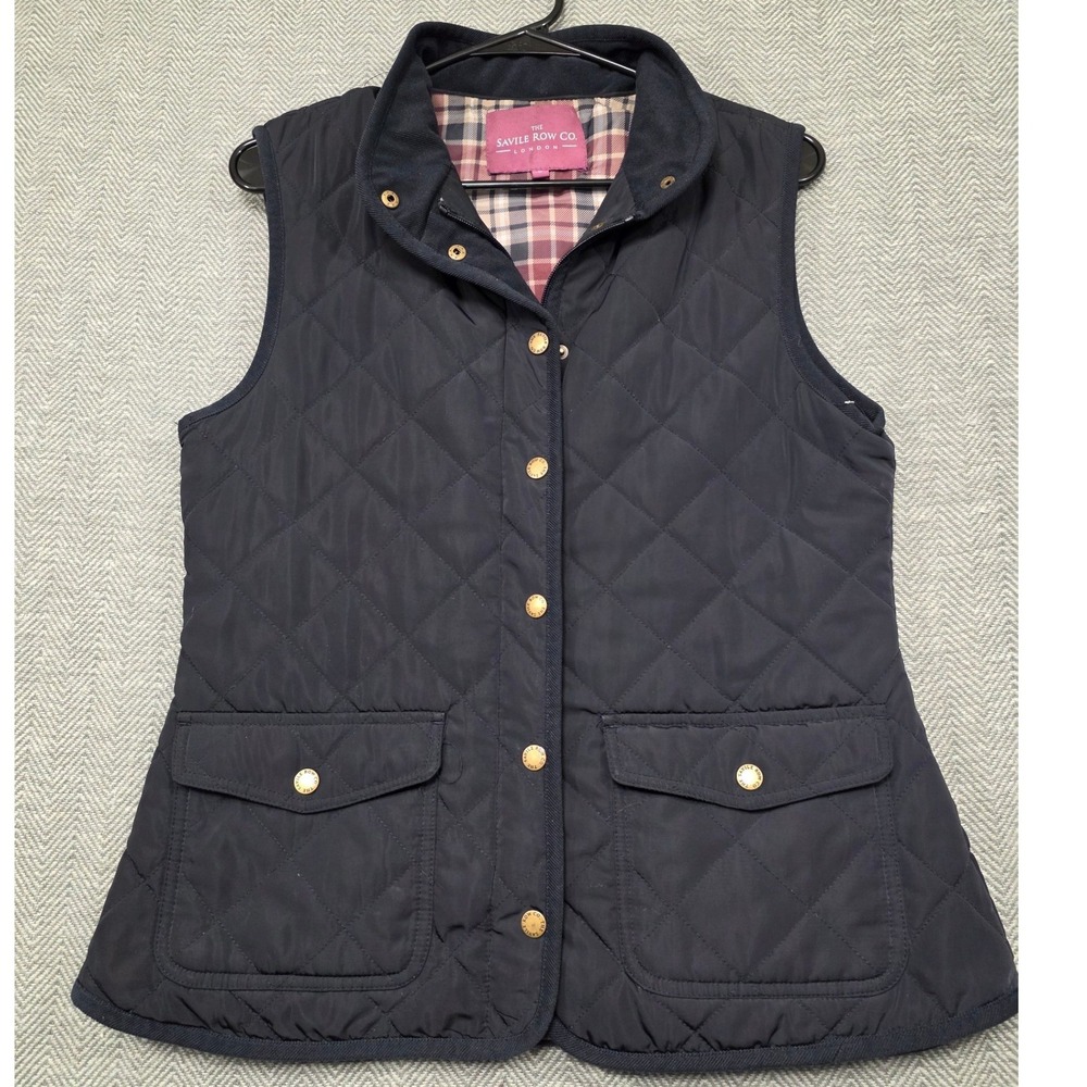 Savile Row Co London Navy‎ Blue Quilted Vest Plaid Lining Gold Snaps Mens Medium